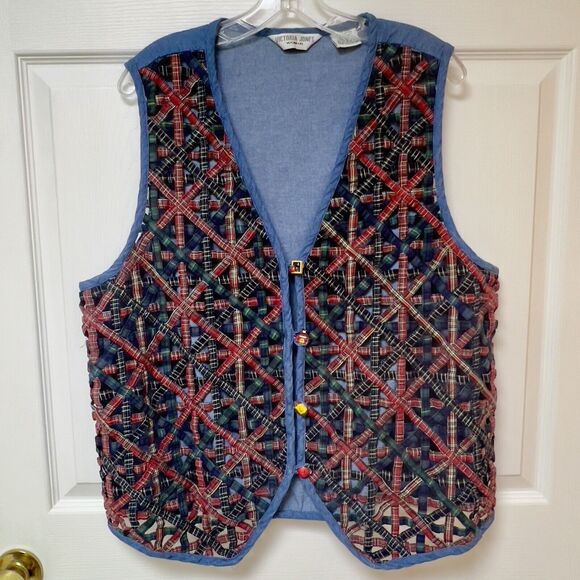 Victoria Jones Vtg 2 Pc Vest‎ Skirt Set Sz 1X~2X Teacher Denim Starburst Weave - Picture 11 of 16